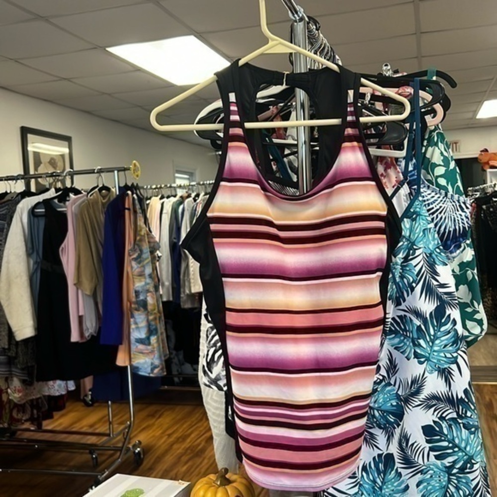 Tropical, escape, pink, orange, white, black striped bathing suit top size 16